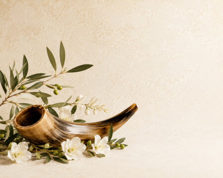Shofar horn with white flowers and olive branches on beige textured background for Yom Kippur and Rosh Hashanah Jewish holiday
