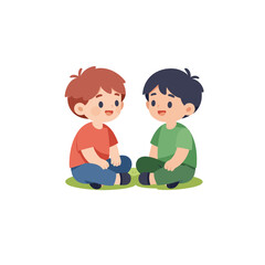 Two Cute Little Boys Sitting Together On Grass Vector Illustration Featuring Happy Children Friends Having A Friendly Conversation Outdoors In A Playful Flat Design Style Graphic Element