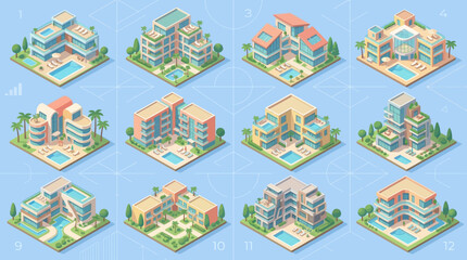 Fototapeta premium Collection of modern luxury residential buildings with swimming pools and landscaped surroundings in an isometric style for