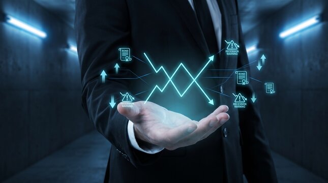 Businessman holding holographic financial graph. Executive analyzing digital market data.