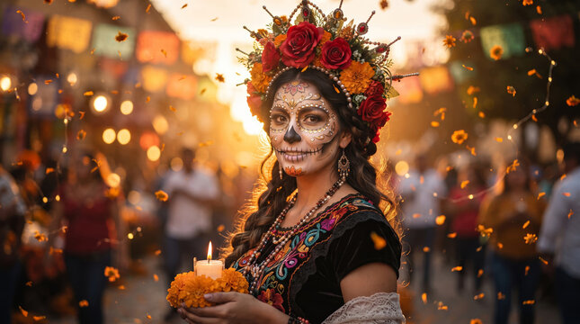 Mexican Catrina Woman Holding Candle with Falling Marigold Petals at Sunset Parade
