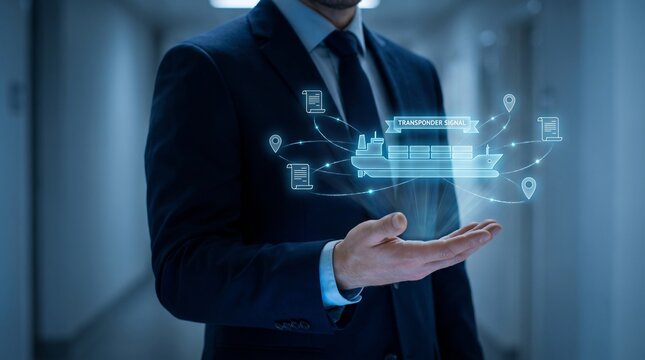 Businessman holding digital cargo ship hologram. Logistics manager using futuristic tech.