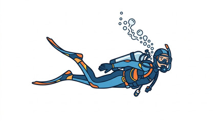 Illustrated scuba diver exploring underwater world. © Wannaki