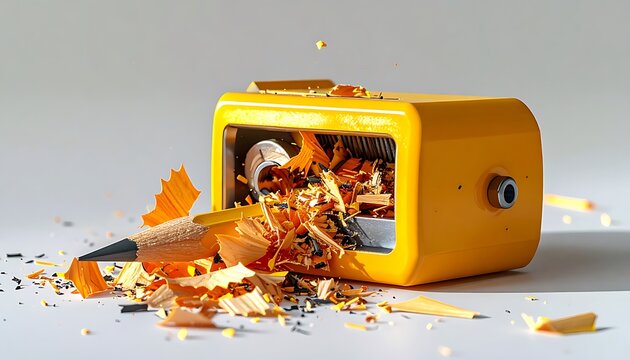 Bright yellow pencil sharpener with wood shavings and a pencil mid-sharpen, creating mess on a light gray surface
