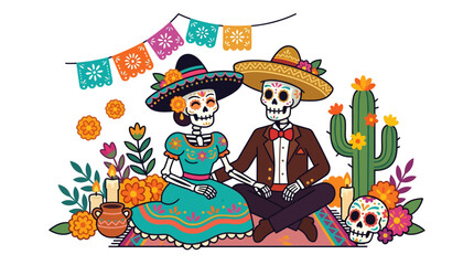 Fototapeta premium Cheerful Catrina and mariachi skeleton couple sitting together on a wooden bench with a guitar, cactus, marigolds and papel picado banners, Dia de los Muertos design.