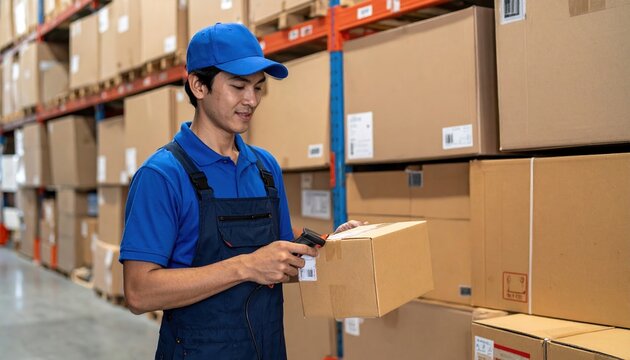 Delivery worker scanning package barcode