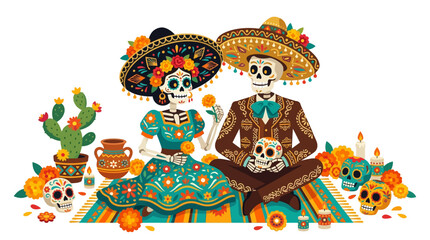 Fototapeta premium Cheerful Catrina and mariachi skeleton couple sitting together on a wooden bench with a guitar, cactus, marigolds and papel picado banners, Dia de los Muertos design.