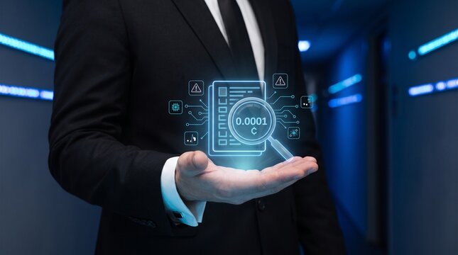 Businessman holding digital financial report. Executive analyzing data with holographic UI.