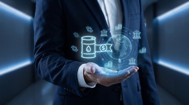 Businessman presenting oil market hologram. Energy trading concept with digital data interface.