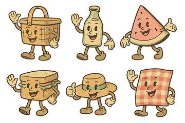 Vintage picnic-themed mascots including basket, bottle, and watermelon. Isolated on transparent background © dvoevnore