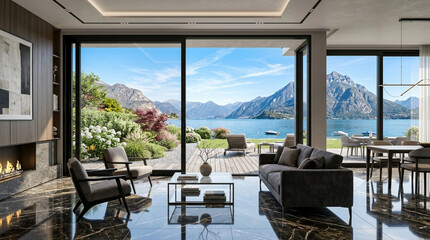 Fototapeta premium Modern Living Room with Lake and Mountain View