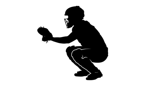 Baseball catcher silhouette vector, professional softball player in squatting position, black athletic figure with helmet and mitt
