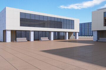 Obraz premium Modern commercial building courtyard with glass facade, benches, tiled plaza, and bright blue sky in a clean architectural design concept. 3D Rendering