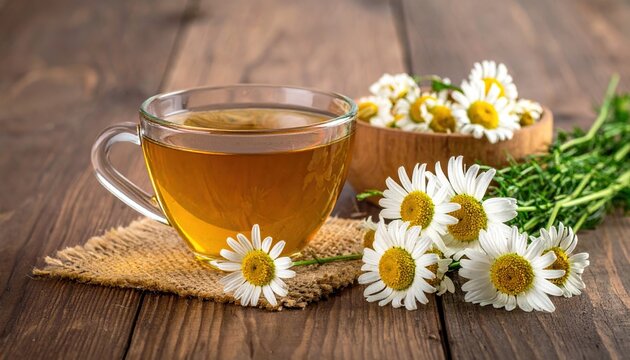 Chamomile flowers and herbal tea on wooden table