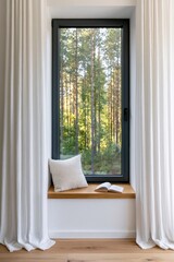 Fototapeta premium Window reading nook with a cozy seat and open book overlooking a lush pine forest