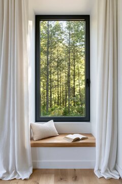 Nook with cozy wooden window seat for reading at home overlooking nature forest view