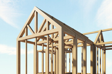 Obraz premium Timber house frame under construction with exposed beams and roof trusses against a bright blue sky, representing modern residential building progress. 3D Rendering