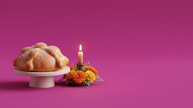Pan de Muerto Bread with Candle and Marigold Flowers on Pink Background