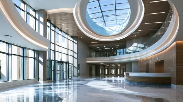 Modern spacious lobby with large glass windows and circular skylight design