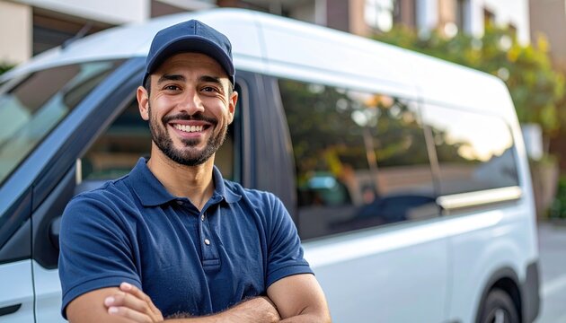 Delivery driver smiling beside electric delivery van
