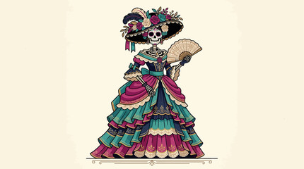 Fototapeta premium Sophisticated Catrina skeleton wearing an elaborate Victorian style ruffled gown with feathered hat and fan, blending sugar skull makeup with vintage elegance.