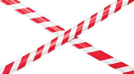 Obraz premium Red and white striped warning tape crossed on isolated white background for caution and crime scene