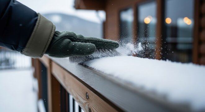Person's gloved hand diligently brushes accumulated fresh snowfall from a rustic wooden deck railing outdoors during a winter day conveying a sense of winter chore and home maintenance in a snowy envi