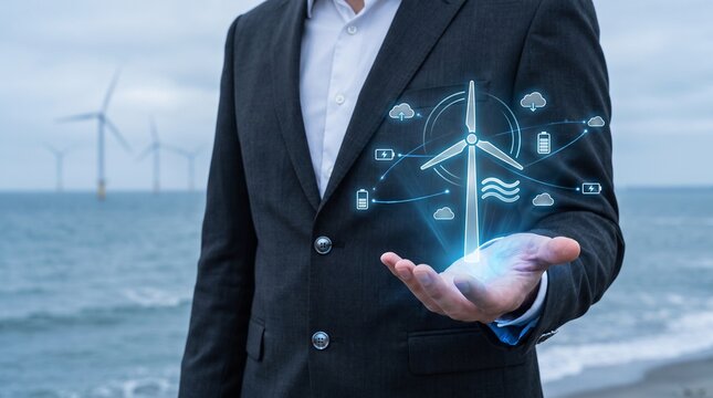Business professional holding renewable energy concept in hand. Executive showcasing sustainable technology and green innovation solutions.