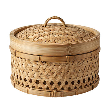 Traditional bamboo steaming basket with lid. Handcrafted kitchenware for steaming food.