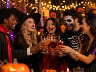 Fototapeta premium Friends celebrating Halloween party in festive costumes