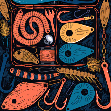 Fishing tackle box with collection of various hooks, lures, bait and colorful equipment inside. Detailed recreational angling activity concept. Vector illustration for design