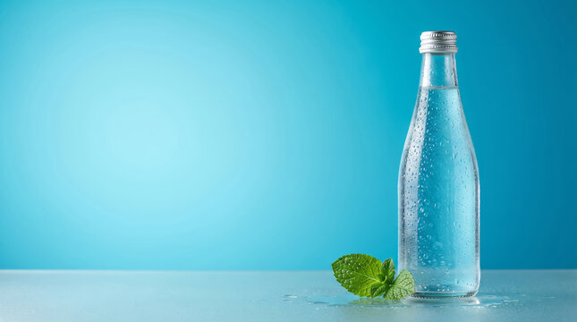 Refreshing Water Bottle with Mint Leaves on Blue Studio Background