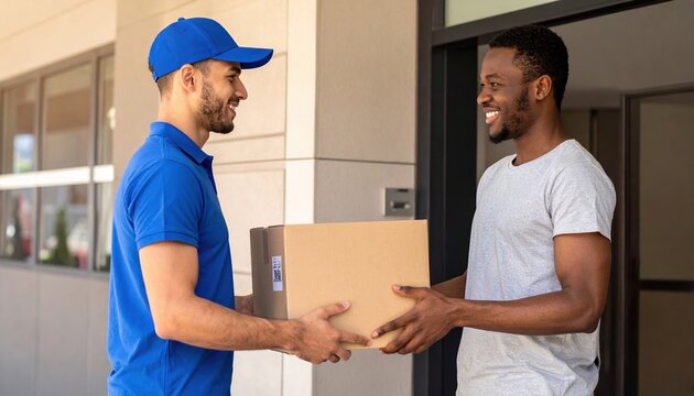 Courier handing package to customer at doorstep
