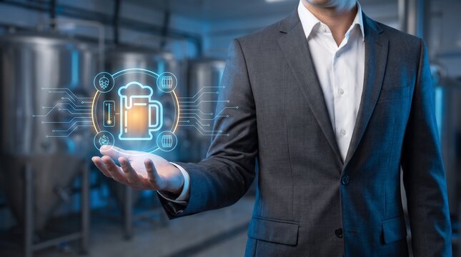 Businessman holding holographic beer icon. Digital brewery management in a factory.