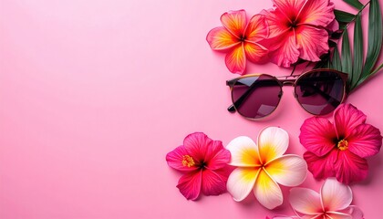 Obraz premium Trendy sunglasses with tropical flowers on pink background, feminine fashion flat lay, bright summer colors, stylish accessory advertising