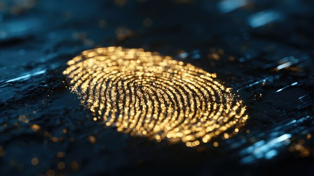 Illuminated fingerprint pattern glowing on a dark, textured surface with scattered lights