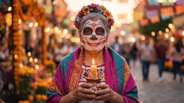 Senior Mexican Woman with Sugar Skull Makeup Holding Candle at Day of the Dead Festival