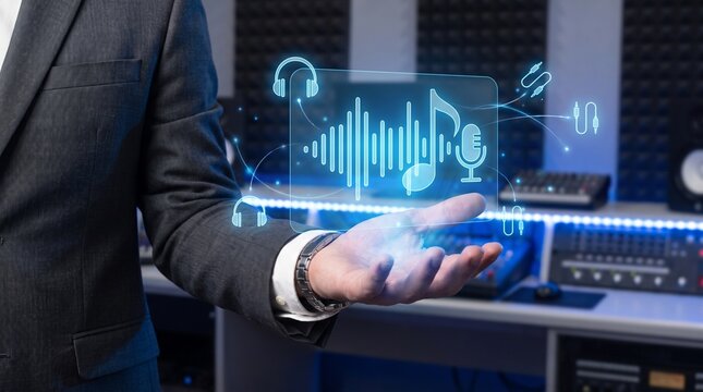 Businessman holding holographic audio interface. Digital music production and sound tech concept.