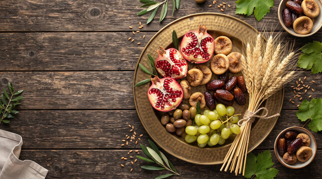 Seven Species of Israel for Tu BiShvat Holiday on Brass Tray and Rustic Wooden Table