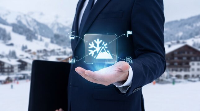 Businessman presenting ski resort project. Professional showing digital winter travel data.
