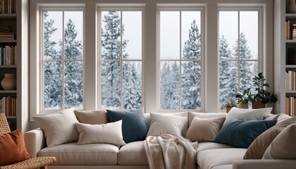 Obraz premium Living room interior with cozy sofa and view of a snowy winter forest from window