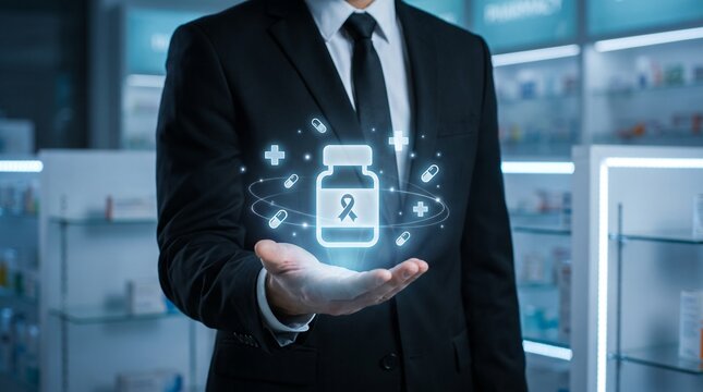 Businessman holding holographic pill bottle. Digital pharmacy concept with medical icons.