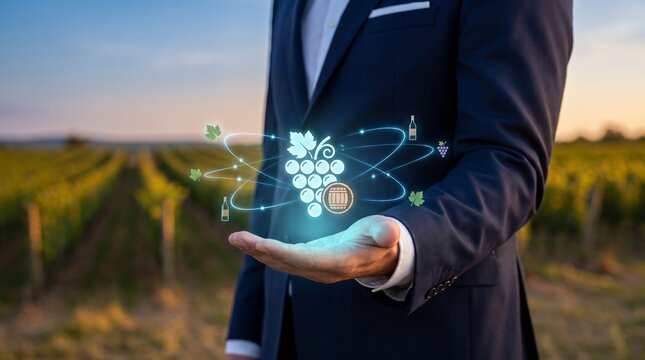 Businessman holding holographic grape icon. Digital agriculture concept in a vineyard.