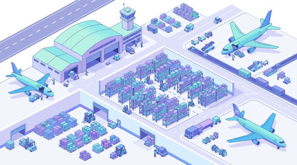 Fototapeta premium Modern airport with multiple aircraft and cargo handling facilities for efficient travel and freight operations