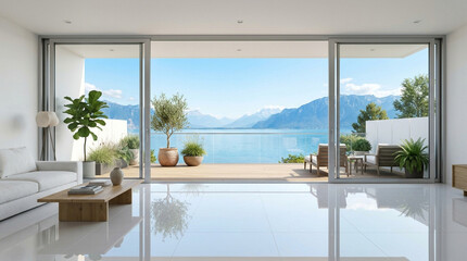 Fototapeta premium Modern living room with panoramic lake and mountain view