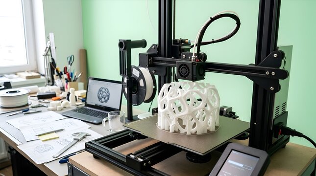 3D Printer Creating Complex White Object in Workshop