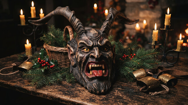 Traditional Carved Wooden Krampus Mask with Horns and Bells on Rustic Winter Table