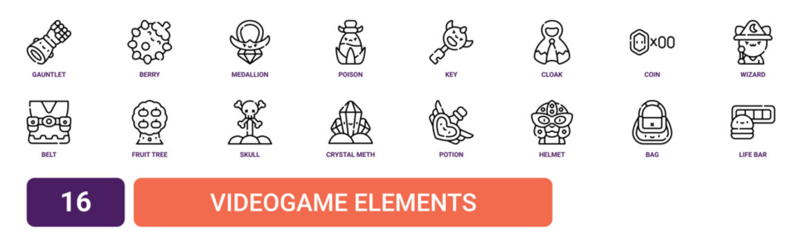 Set of 16 outline web Videogame Elements icons such as life bar, bag, helmet, potion, crystal meth, skull, fruit tree vector icons for report, presentation, diagram, web design, mobile app