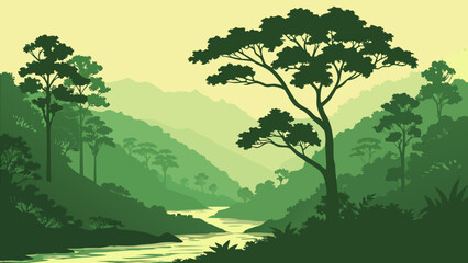 Fototapeta premium Dense Tropical Rainforest Valley Gradient Vector Landscape