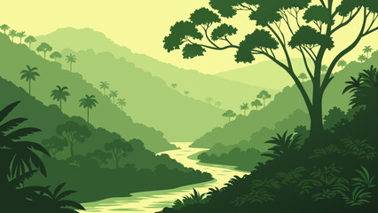 Fototapeta premium Dense Tropical Rainforest Valley Gradient Vector Landscape